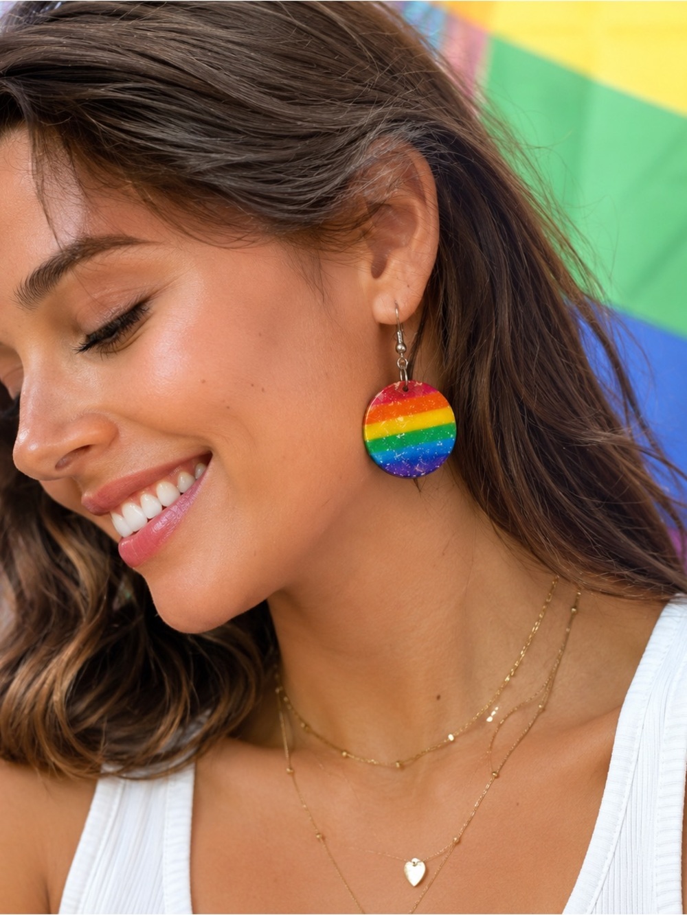 Rainbow Stripe Round Dangle Earrings - Multicolor Pride Design